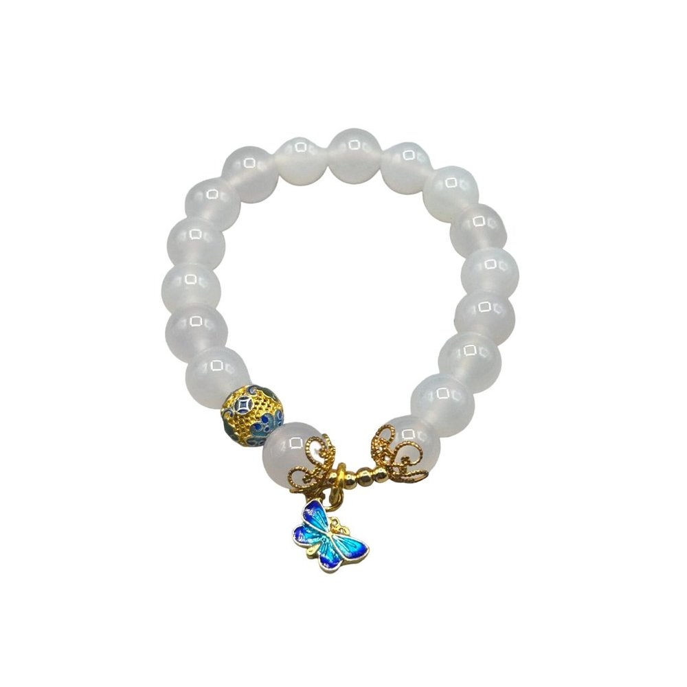 Vintage Semi-Precious Stone Bracelet With Butterfly Charm Beaded Elastic Stretch